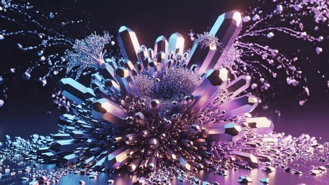 A futuristic microscopic view of a crystal formation exploding with vibrant, shimmering particles in a dark environment