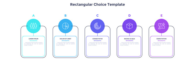 Infographic elements of circular choice template with 5 options, steps or processes. Program steps placed in horizontal row. Modern flat vector illustration for visual presentation