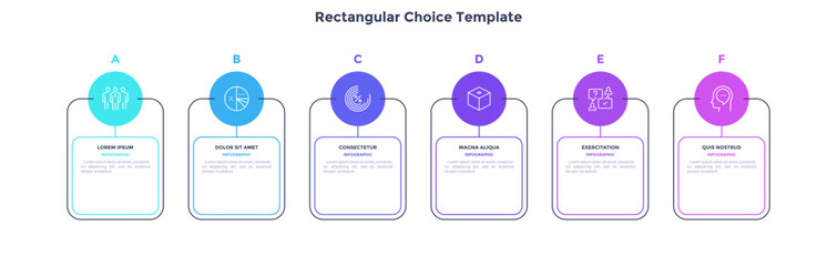Infographic elements of circular choice template with 6 options, steps or processes. Program steps placed in horizontal row. Modern flat vector illustration for visual presentation