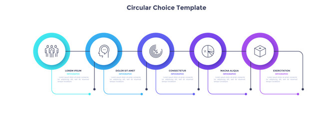 Infographic elements of circular choice template with 5 options, steps or processes. Program steps placed in horizontal row. Modern flat vector illustration for visual presentation