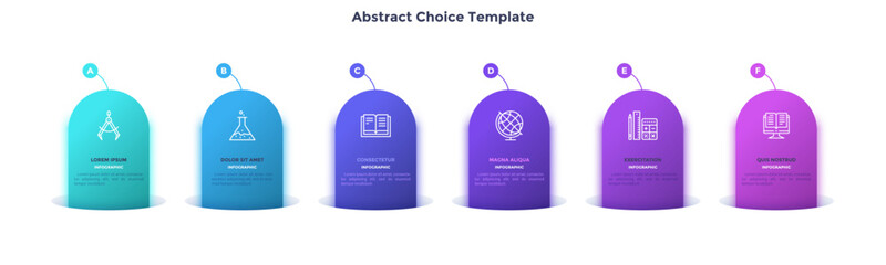 Six vertical colorful stripes or ribbons with linear icons and place for text inside. Concept of comparison of 6 business options. Infographic design template. Vector illustration for presentation.