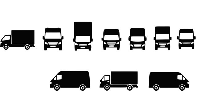 Vector illustration&nbsp;of set of black silhouettes of delivery trucks and vans from different angles on a transparent background