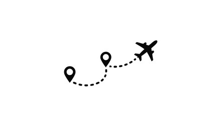 Vector illustration&nbsp;of airplane flight path between two location pins on on a transparent background