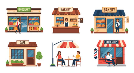 Obraz premium Colorful vector illustration depicting various small business storefronts