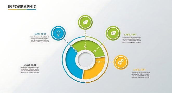 Circular infographic with icons and text boxes for data presentation