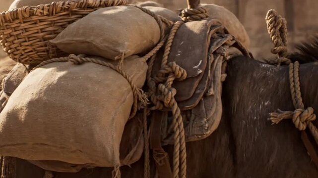 A close-up of a brown donkey with a saddle and ropes, representing biblical times and cultural heritage. The scene reflects traditional transportation methods.