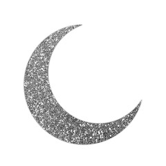 Silver Glitter Crescent Moon Icon with Sparkling Texture Isolated on Transparent Background