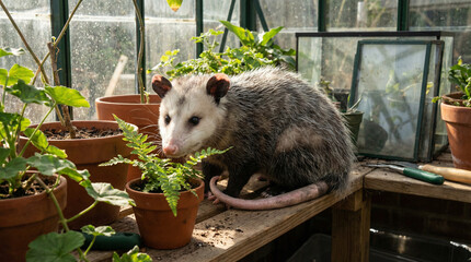 Wild animal in domestic greenhouse environment, perfect for gardening blogs, or environmental storytelling focused on the harmony between nature and home 