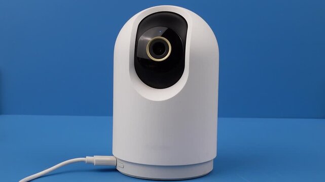 Smart home security camera isolated on blue background, modern surveillance and home safety technology concept.