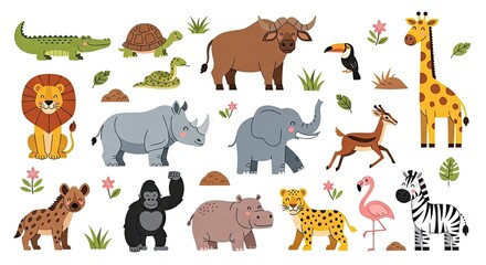 Fototapeta premium Diverse wildlife illustration featuring animals in their natural habitats from various global environments seen from a distant viewpoint