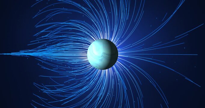 The luminous planet rotates in outer space, and the magnetic field lines diverge from it in dynamic streams, creating the effect of powerful energy radiation that fills the stage with movement.