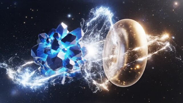 A celestial gemstone collides with a glowing orb amidst cosmic energy in deep space