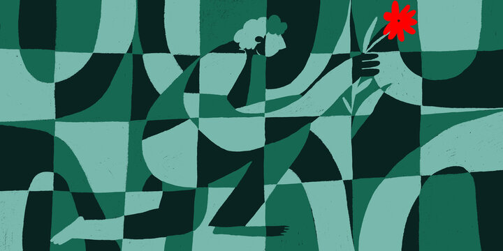 Abstract geometric illustration with red flower