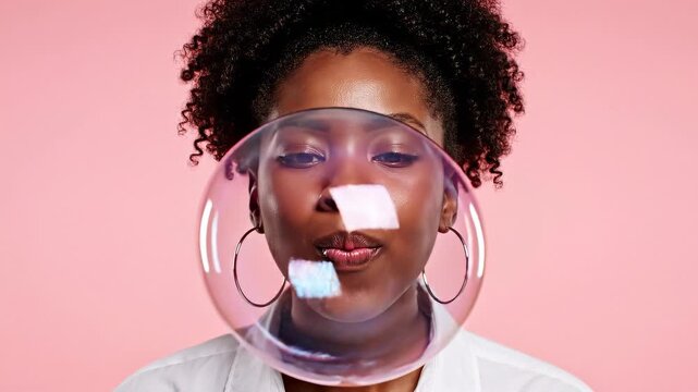Joyful young woman blows colorful bubble gum. Playful spirit captured in bright pink backdrop. Fun and creativity express carefree lifestyle and happiness.