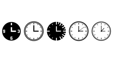 A series of clocks displaying different times and designs, showcasing various styles and monochrome color schemes in a horizontal arrangement.