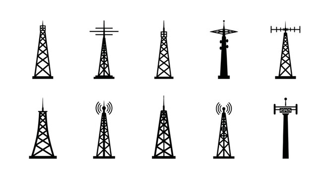Collection of Telecommunication Towers and Antenna Icons.