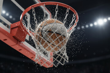 Basketball ball scoring goal with dynamic water splash explosion in stadium arena. 3d render illustration for sport competition banners, energy drink advertisements and game championship concepts