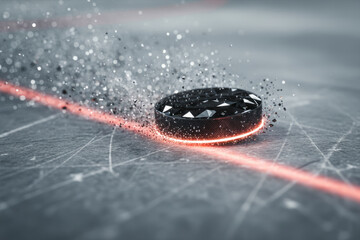 Hockey puck sliding fast across red goal line with ice spray illustrating scoring, speed and winning sports concept on textured rink surface