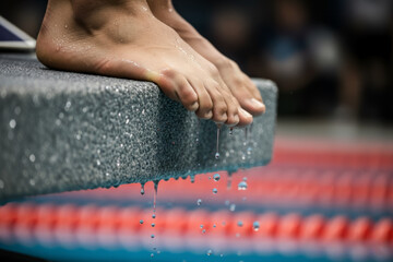 Close up of swimmer wet feet standing on starting block with dripping water droplets ready for pool race suitable for sports championship banner or fitness training concept