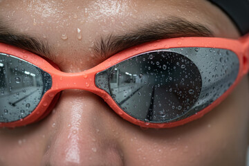 Macro close up of swimmer eyes wearing wet red goggles with pool lane reflection representing focus and determination suitable for sports championship banner or fitness training concept