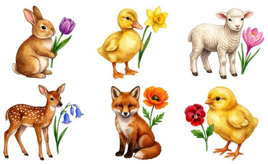 Fototapeta premium watercolor collection of baby animals like fox (vulpes vulpes) and fawn (capreolus capreolus) with spring flowers like tulip (tulipa)