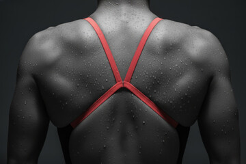 Rear view of fit female swimmer back with water drops on skin wearing red swimsuit straps on dark background representing sports strength and fitness training concept
