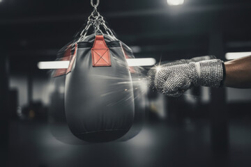 Metallic boxing glove punching black bag with impact particles. 3d render illustration for sport power concepts, fighting competition and heavy strength training