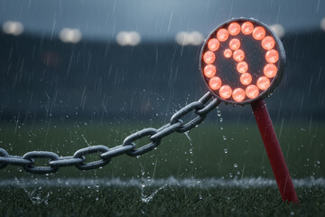 American football chain marker showing first down number one on rainy stadium field. 3d render illustration for sport game rules, yard distance measurement and night match competition concepts