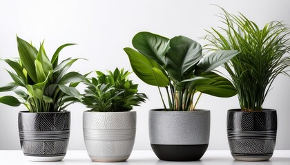 Fototapeta premium Ndoor Houseplants In Modern Grey Black And White Pots On White Background