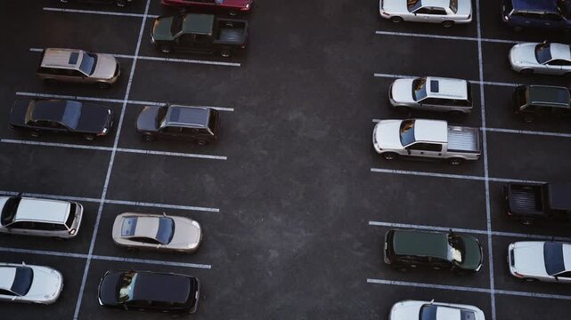The parking lot features several vehicles parked in an organized manner under a dusky sky. Sparse occupancy highlights the tranquility of the area during the evening hours.