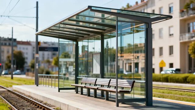 Modern glass tram stop shelter with bench at urban railway station