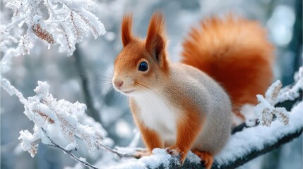 Red squirrel perching on snow covered branch in frosty winter forest, showing its fur and tail