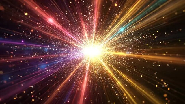 Abstract illustration of a vibrant burst of light and energy, with colorful rays emanating from a central point.