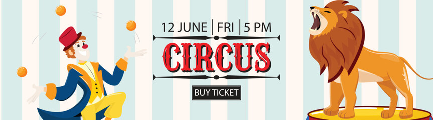 Classic circus poster design with charismatic clown character and powerful lion performance scene. © Marina