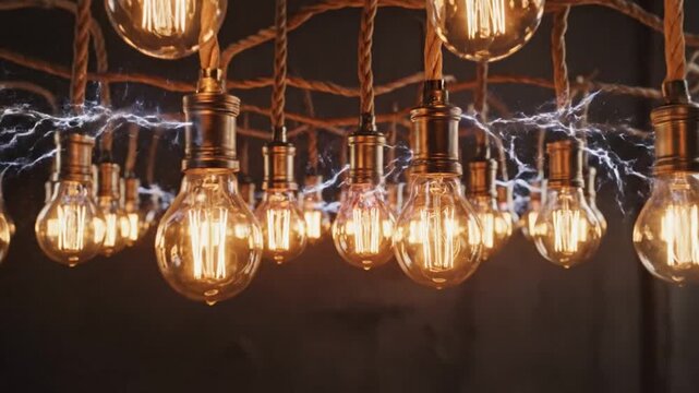 A cluster of light bulbs hanging from copper wires electrified with sparks in a dark room viewed from below