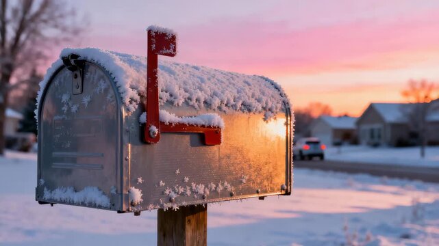 Snow covered mailbox with red flag in residential neighborhood at winter sunset