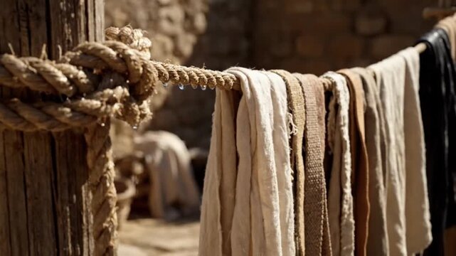 Laundry after washing hanging to dry, A close-up of a wooden post with a thick rope tied around it. Several pieces of cloth hang from the rope, suggesting a historical or biblical setting.