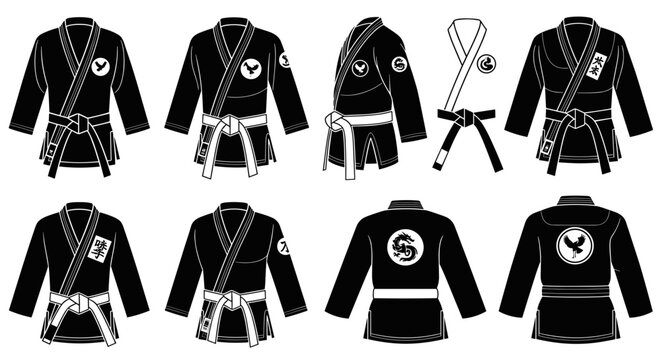 Martial arts uniforms and belts illustrations set