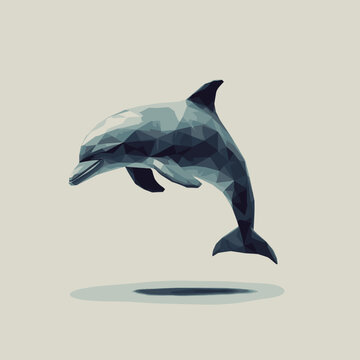 Geometric dolphin in low poly triangular style, jumping marine animal isolated on beige background minimalist illustration