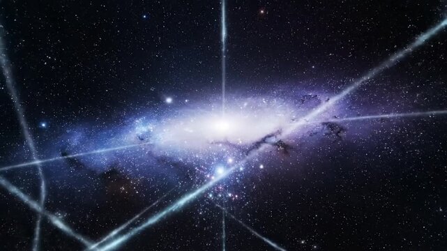 Luminous abstract atom structure with electron orbits in deep space