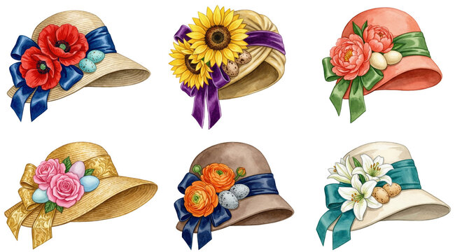 watercolour set of elegant easter hats decorated with spring flowers ribbons and eggs