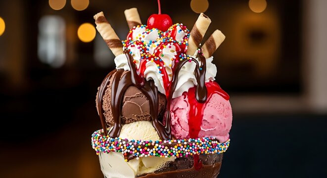 Delicious ice cream sundae with whipped cream cherry and chocolate drizzle