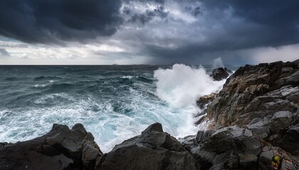 Fototapeta premium A Seascape Captures An Intense Moment Crashing Waves Of Frothy White Collide With Jagged Dark Coastal Rocks Under A Stormy Sky Creating Drama