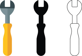 Wrench Tool Icon Set Flat, Solid and Outline Vector Illustration