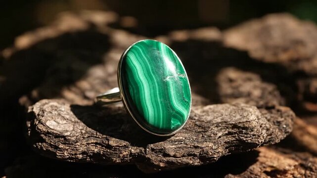 Elegant Malachite Ring on Rustic Wood, Close-Up