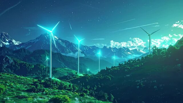 Renewable Energy Wind Turbines in Mountain Landscape at Night.