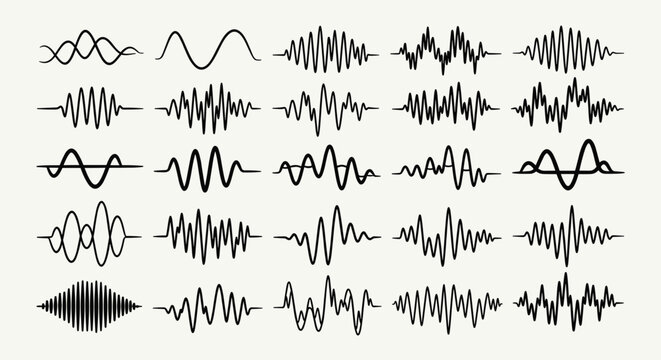 Visual representation of various waveform patterns and audio signal types isolated on transparent background, Vector