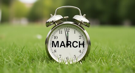 An alarm clock displaying the word march is sitting on a grassy field.
