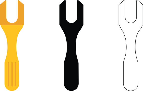 Open End Wrench Icon Set Flat Solid and Outline Spanner Tool Vector Illustration