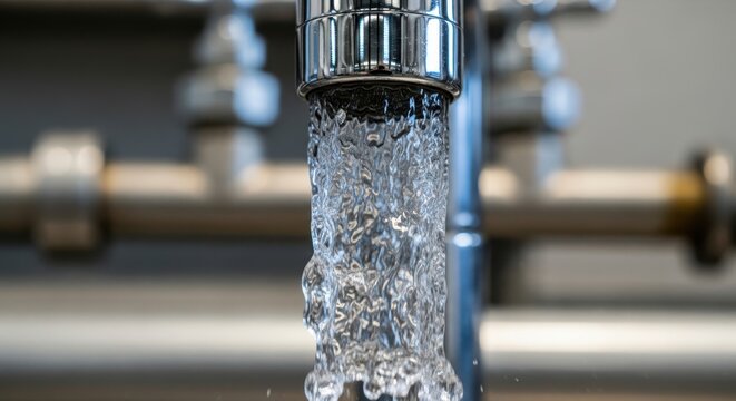 Closeup of clean, clear water flowing from a modern chrome faucet in a kitchen or bathroom setting, capturing motion and freshness